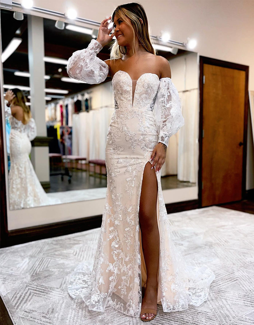 Mermaid Sweetheart Lace Prom Dress with Detachable Sleeves