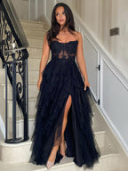 Adella | A-Linie Tüll Blush Stufenkleid Langes Korsett Trägerloses Ballkleid mit Applikationen