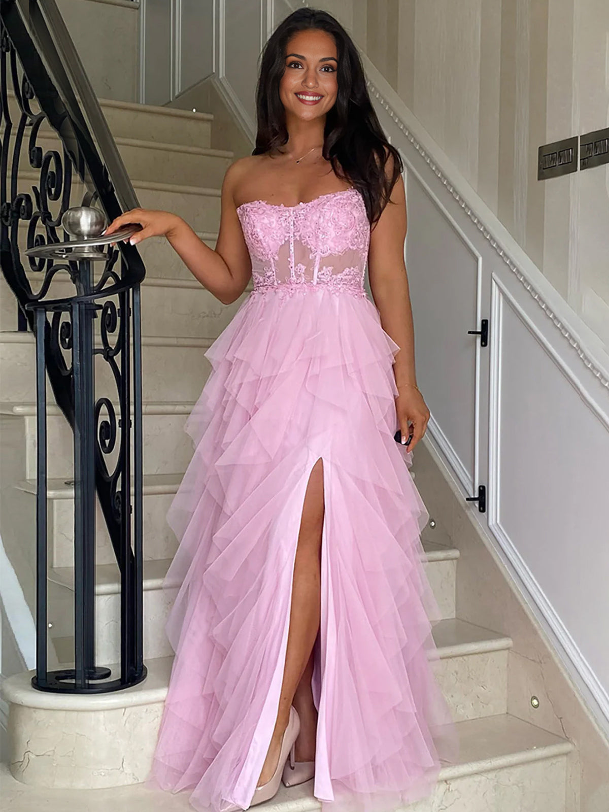 Adella | A-Linie Tüll Blush Stufenkleid Langes Korsett Trägerloses Ballkleid mit Applikationen