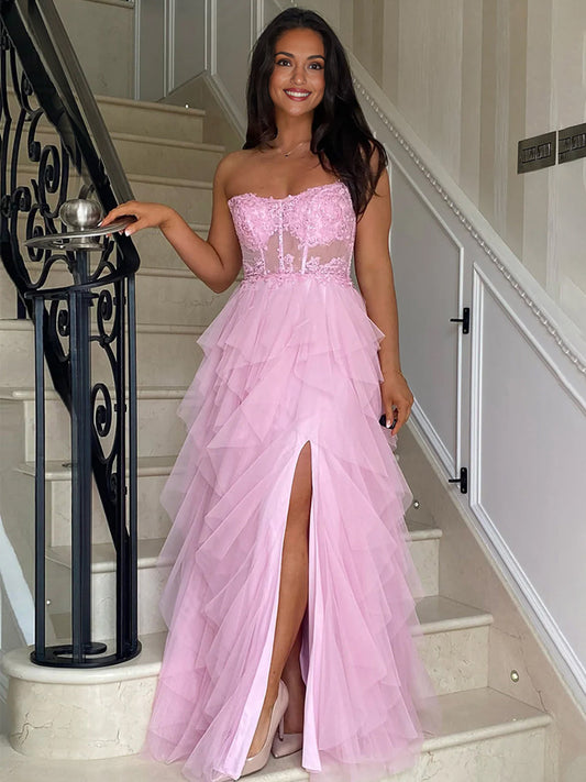Adella | A-Linie Tüll Blush Stufenkleid Langes Korsett Trägerloses Ballkleid mit Applikationen