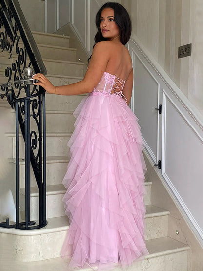 Adella | A-Linie Tüll Blush Stufenkleid Langes Korsett Trägerloses Ballkleid mit Applikationen