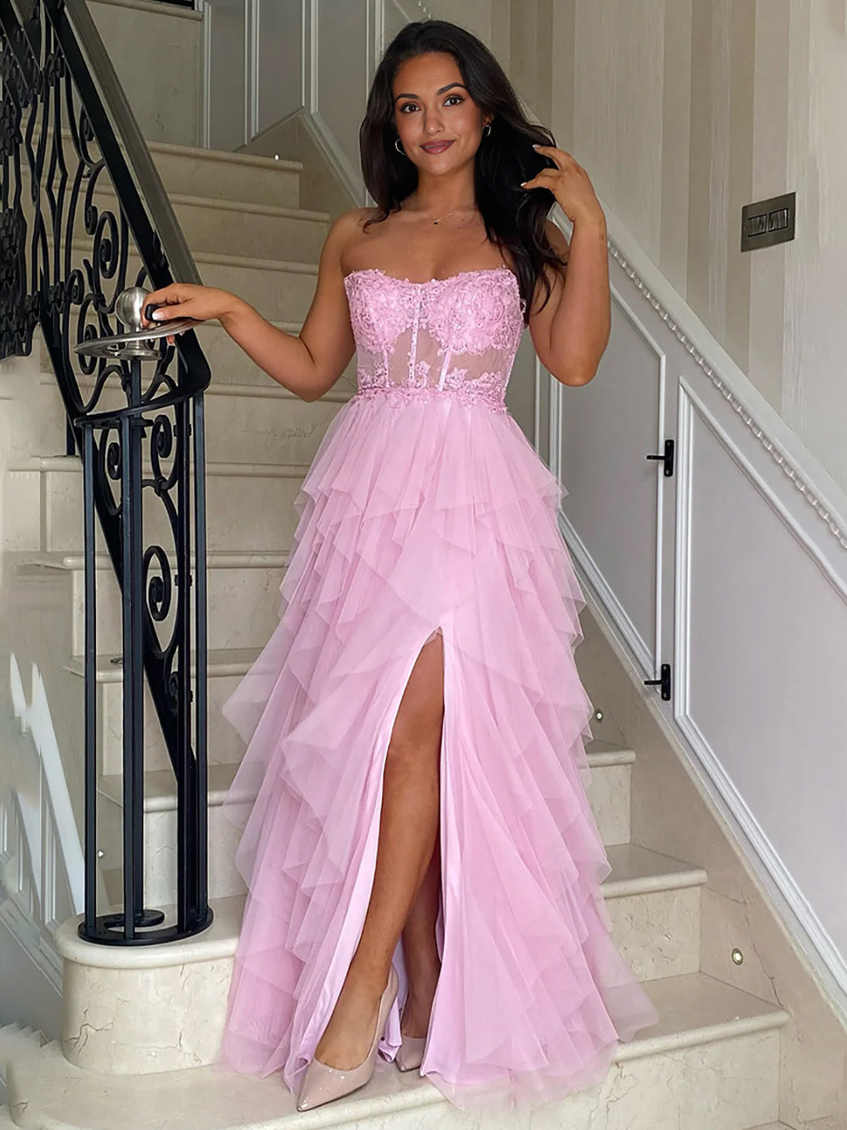 Adella | A-Linie Tüll Blush Stufenkleid Langes Korsett Trägerloses Ballkleid mit Applikationen