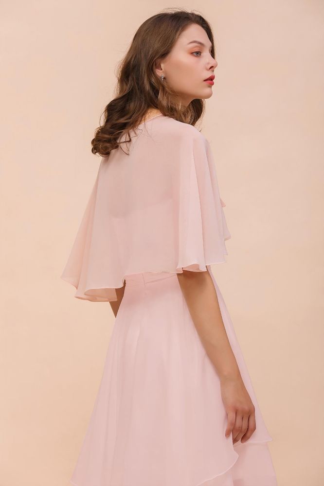 Vestido de dama de honor rosa ruborizado hasta la rodilla, sencillo, de gasa, para fiesta de niñas con capas