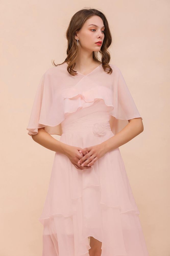 Vestido de dama de honor rosa ruborizado hasta la rodilla, sencillo, de gasa, para fiesta de niñas con capas