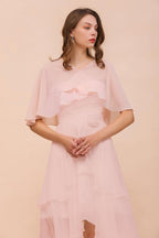 Vestido de dama de honor rosa ruborizado hasta la rodilla, sencillo, de gasa, para fiesta de niñas con capas