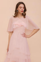 Vestido de dama de honor rosa ruborizado hasta la rodilla, sencillo, de gasa, para fiesta de niñas con capas