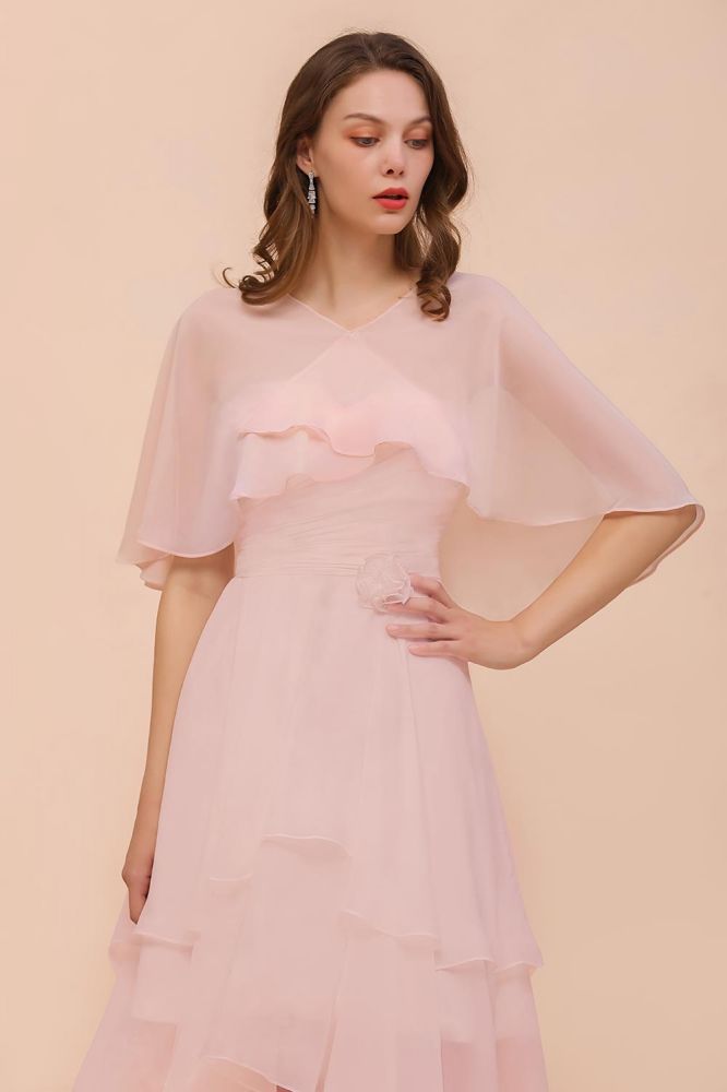 Vestido de dama de honor rosa ruborizado hasta la rodilla, sencillo, de gasa, para fiesta de niñas con capas