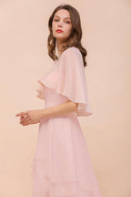 Vestido de dama de honor rosa ruborizado hasta la rodilla, sencillo, de gasa, para fiesta de niñas con capas