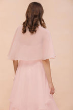 Vestido de dama de honor rosa ruborizado hasta la rodilla, sencillo, de gasa, para fiesta de niñas con capas
