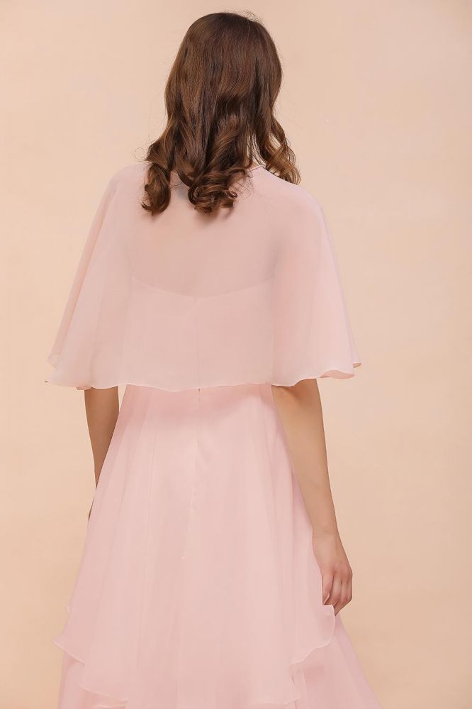 Vestido de dama de honor rosa ruborizado hasta la rodilla, sencillo, de gasa, para fiesta de niñas con capas