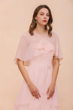 Vestido de dama de honor rosa ruborizado hasta la rodilla, sencillo, de gasa, para fiesta de niñas con capas