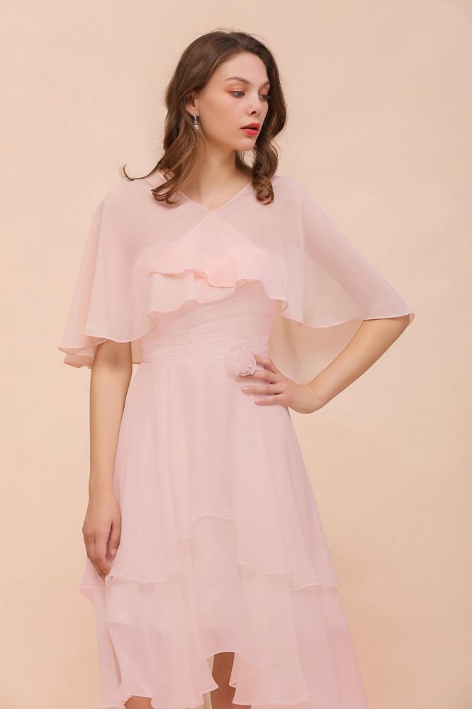 Vestido de dama de honor rosa ruborizado hasta la rodilla, sencillo, de gasa, para fiesta de niñas con capas
