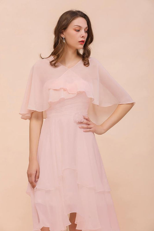 Vestido de dama de honor rosa ruborizado hasta la rodilla, sencillo, de gasa, para fiesta de niñas con capas
