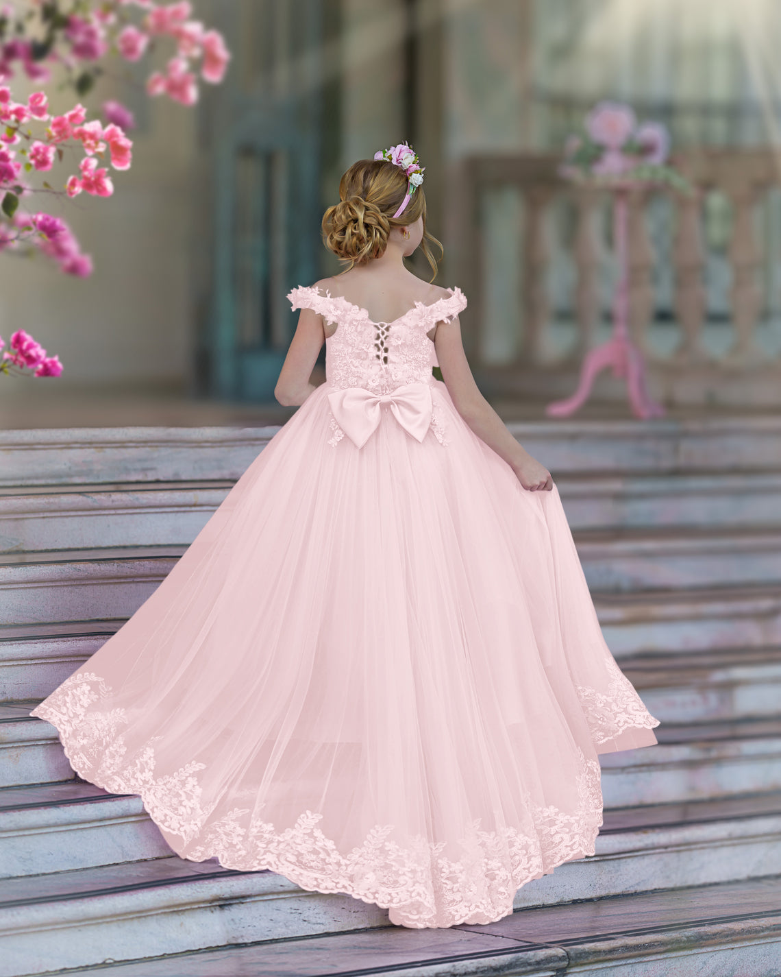 Vestido de fiesta/princesa de encaje con cola larga, color rosa, para cumpleaños