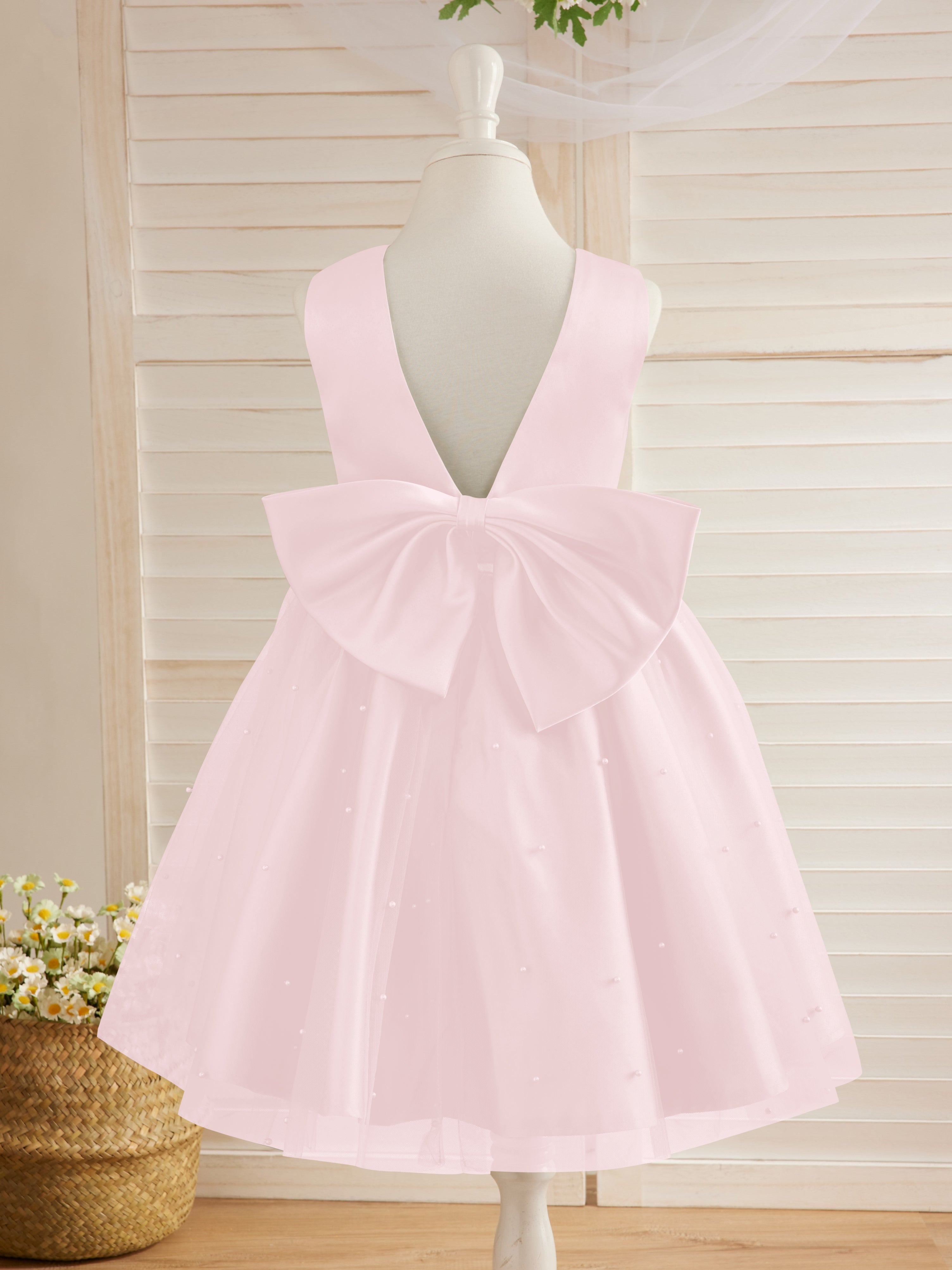 Vestido de niña de las flores de satén, tul y hasta la rodilla, estilo princesa