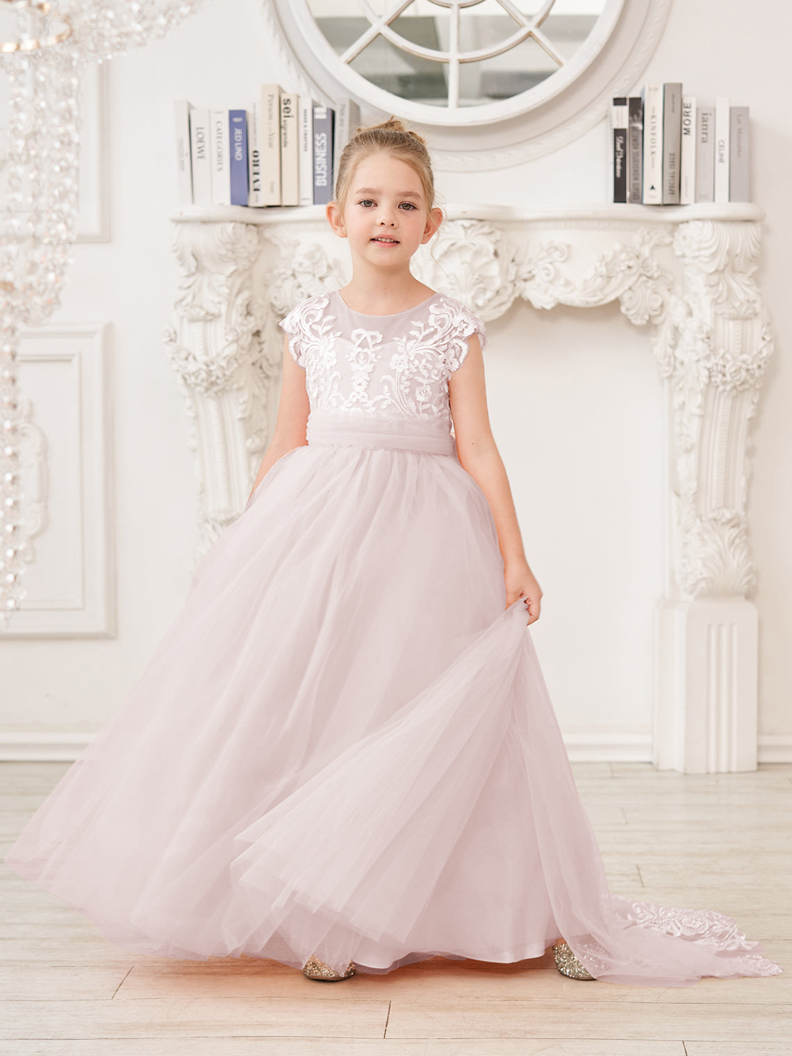 A-Linie Spitze Tüll Sweep Schleppe Rosa Blumenmädchenkleid 