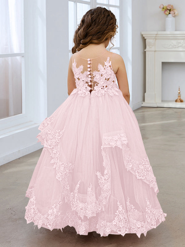Vestido de princesa de tul sin mangas con apliques de encaje y cola larga para niñas