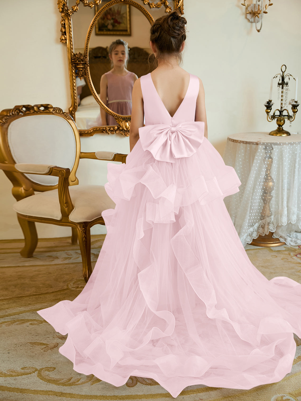 Duchesse-Linie/Princess-Linie Satin Tüll Bodenlang Blumenmädchenkleid 