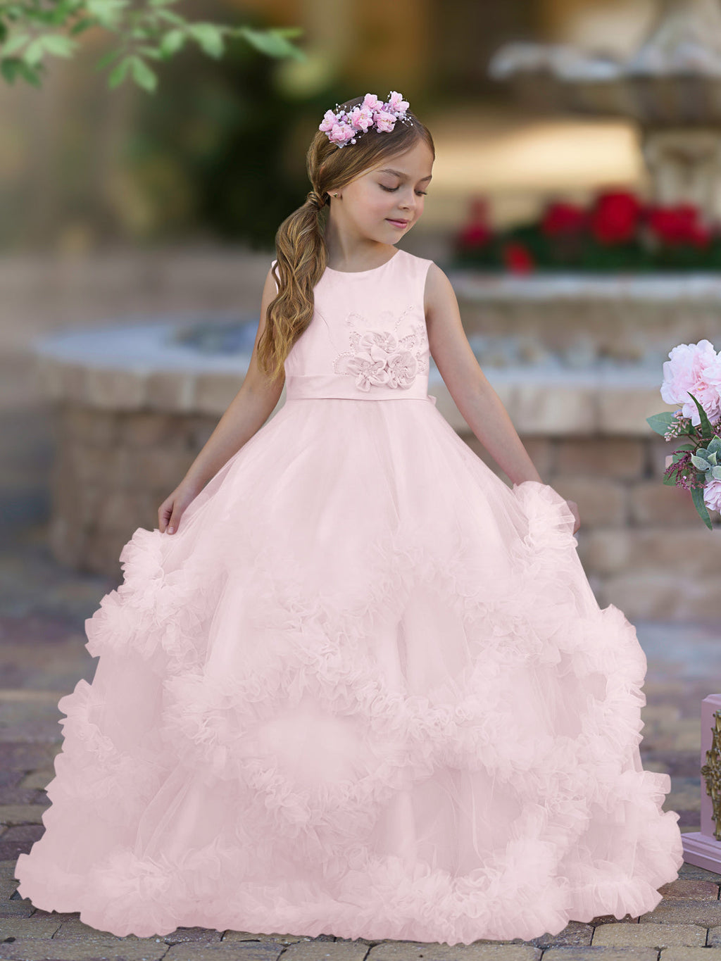 A-Linie Satin Tüll Bodenlang Kaskadierende Rüschen Blumenmädchenkleid
