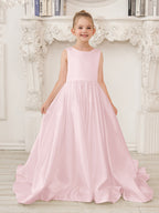 A-Line Princess Sleeveless Satin Flower Girl Dress with Sweep Train and Bow