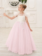 Abnehmbares Blumenmädchenkleid aus Spitze und Tüll mit Schleppe 