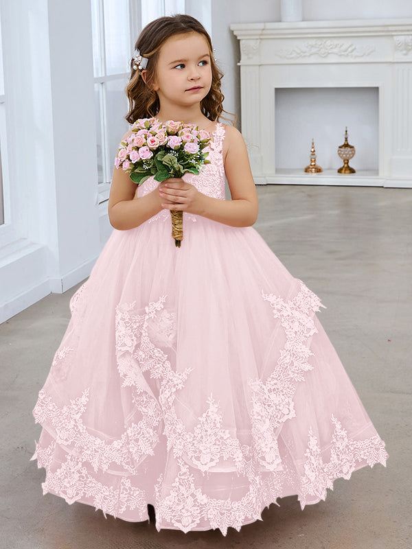 Ärmelloses Prinzessinnen-Tüllkleid mit Spitzenapplikationen und Schleppe für Mädchen