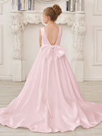 A-Line Princess Sleeveless Satin Flower Girl Dress with Sweep Train and Bow