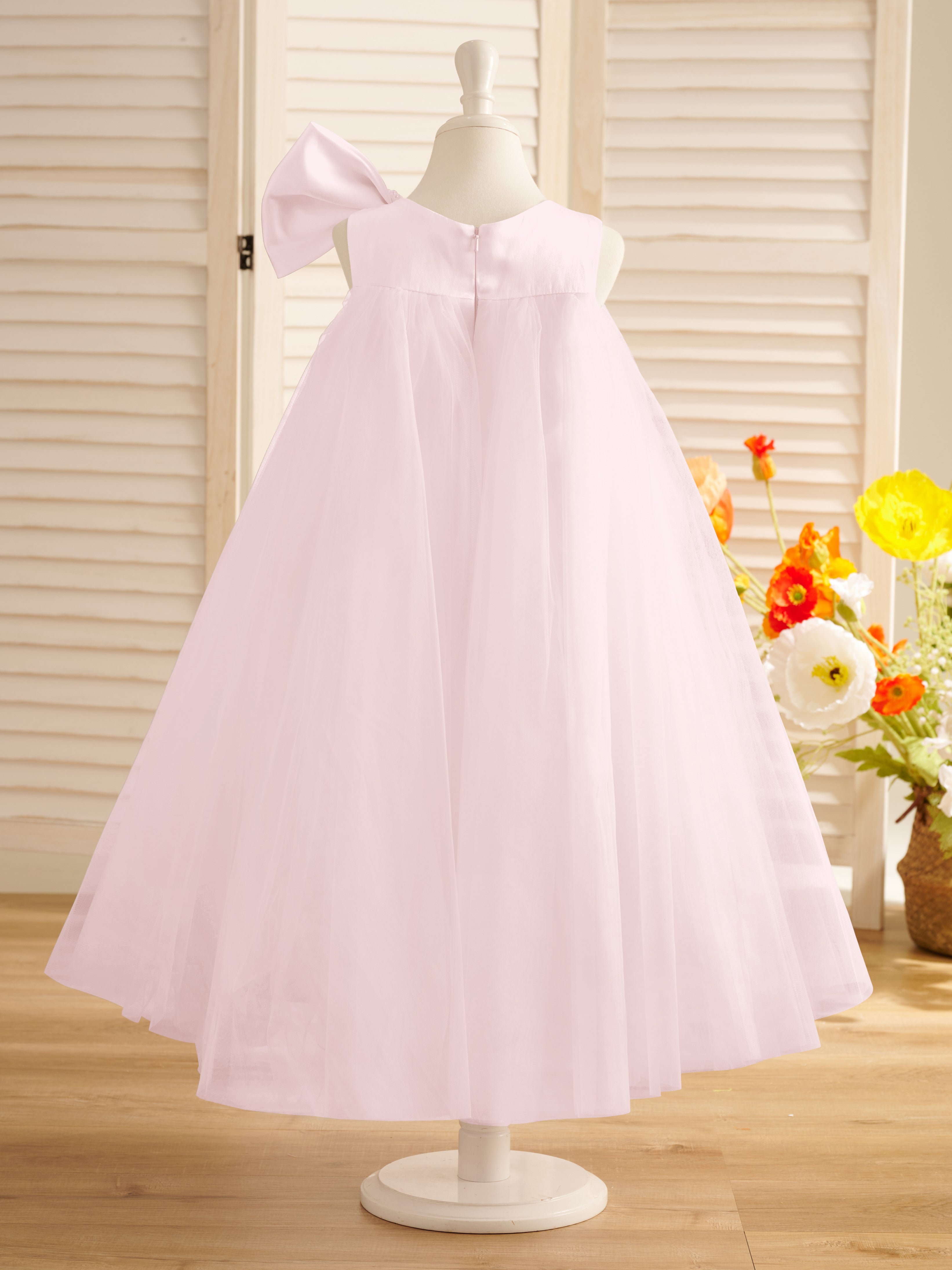 A-Linien-Kleid mit großer Schleife und Tüll in Wadenlänge für Blumenmädchen