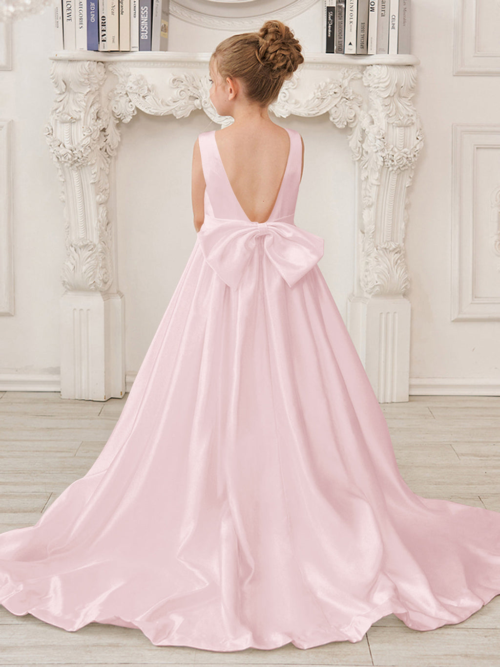 Vestido de niña de las flores de satén sin mangas, corte princesa, con cola larga y lazo