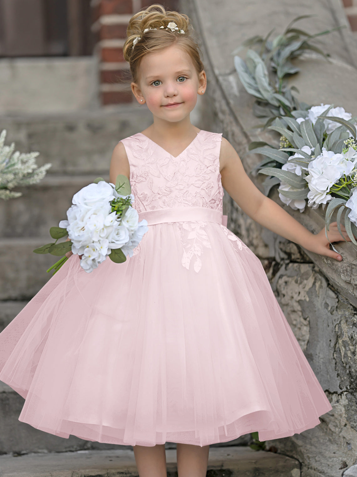 Sleeveless Lace Tulle Knee Length Flower Girl Dress