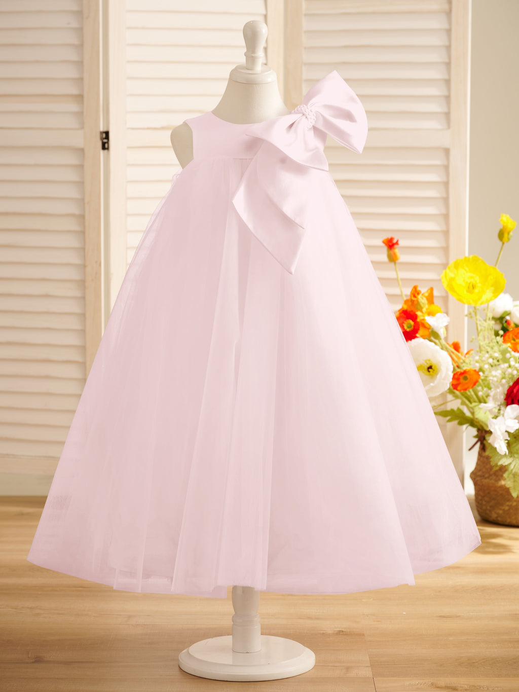 A-Linien-Kleid mit großer Schleife und Tüll in Wadenlänge für Blumenmädchen