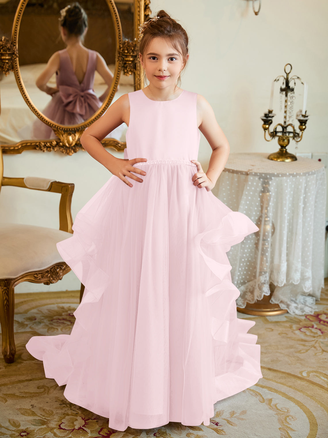 Duchesse-Linie/Princess-Linie Satin Tüll Bodenlang Blumenmädchenkleid 