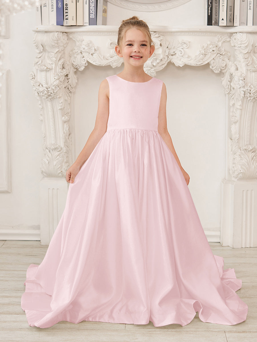 A-Linie Prinzessin Ärmelloses Satin Blumenmädchenkleid mit Schleppe und Schleife 