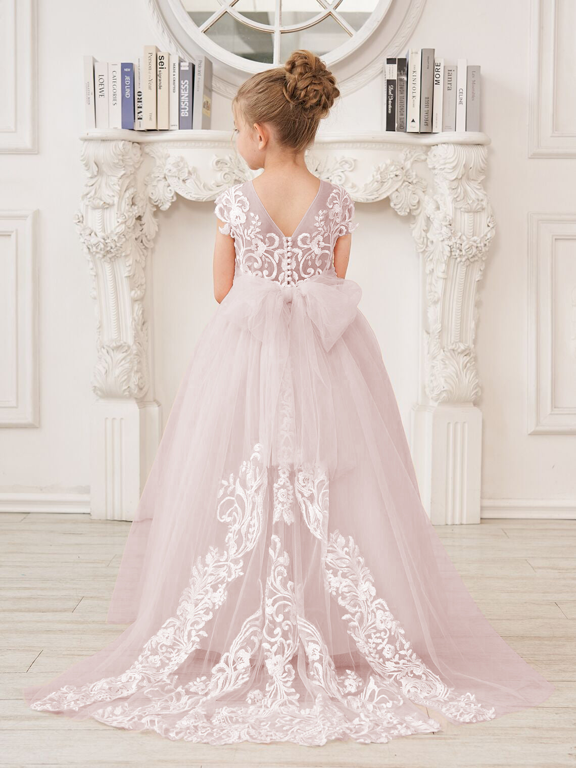 A-Linie Spitze Tüll Sweep Schleppe Rosa Blumenmädchenkleid 