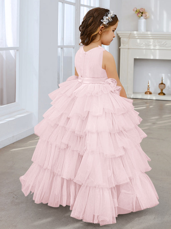 Vestido de fiesta/princesa rosa perla sin mangas con lazo de tul para niña de las flores