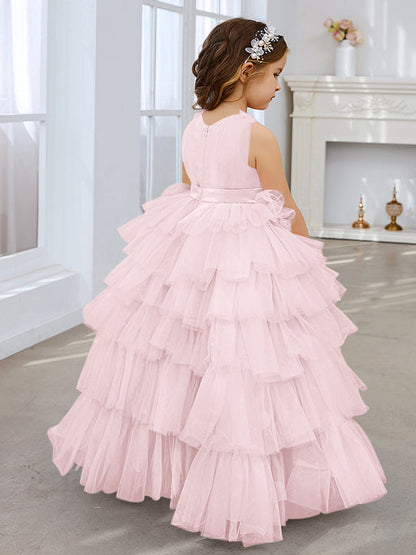 Vestido de fiesta/princesa rosa perla sin mangas con lazo de tul para niña de las flores