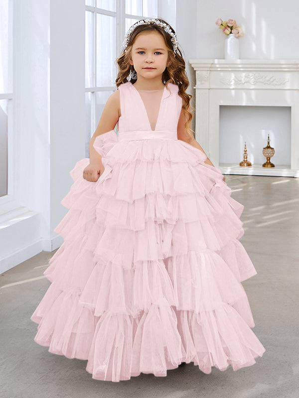 Vestido de fiesta/princesa rosa perla sin mangas con lazo de tul para niña de las flores