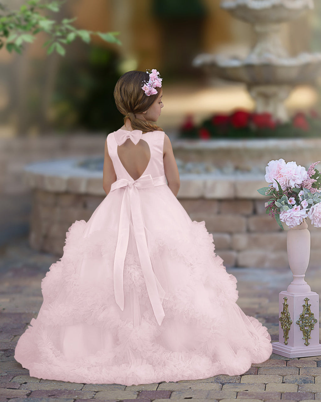 A-Linie Satin Tüll Bodenlang Kaskadierende Rüschen Blumenmädchenkleid
