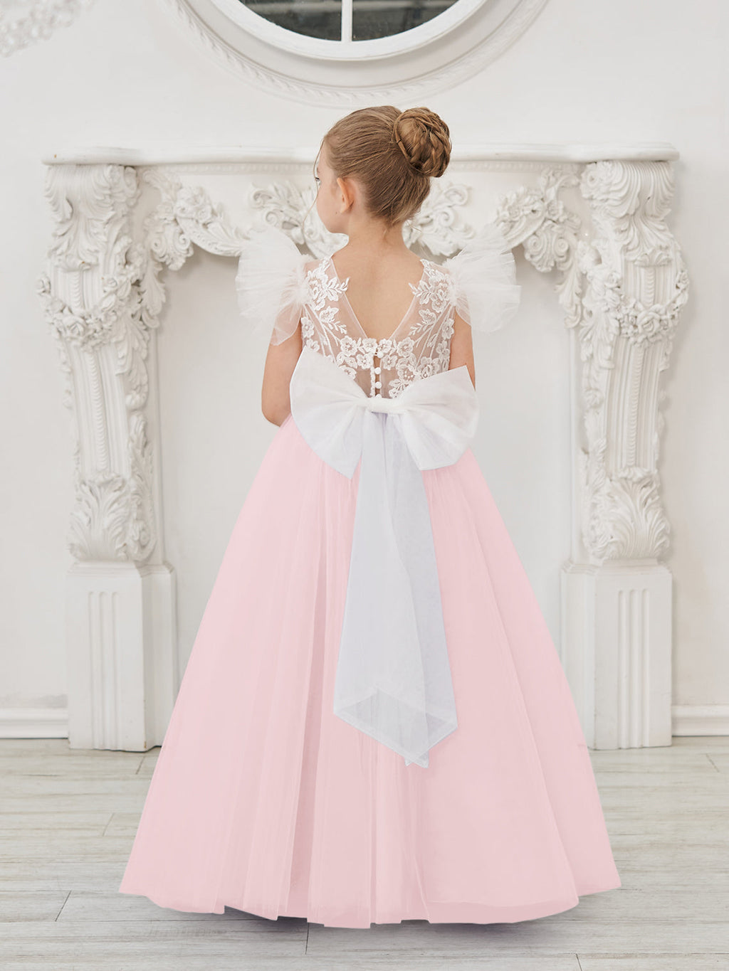 Abnehmbares Blumenmädchenkleid aus Spitze und Tüll mit Schleppe 