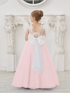 Abnehmbares Blumenmädchenkleid aus Spitze und Tüll mit Schleppe 