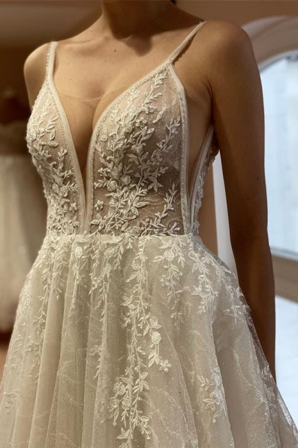 Boho A-Linie V-Ausschnitt Rückenfrei Ärmellos Brautkleider Mit Spitze