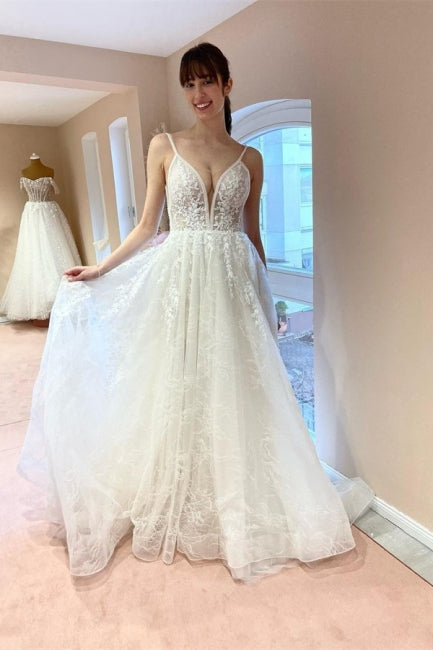 Boho A-Linie V-Ausschnitt Rückenfrei Ärmellos Brautkleider Mit Spitze