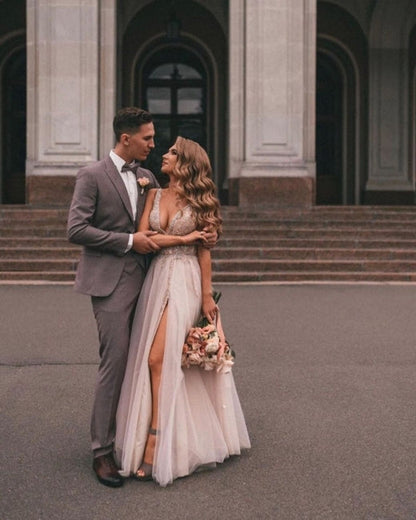 Boho A-line V-Neck Slit Wedding Dresses with Lace
