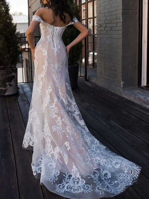 Vestidos de novia elegantes estilo bohemio, sirena, hombros descubiertos, encaje personalizado, manga corta, largo hasta el suelo, con cola larga