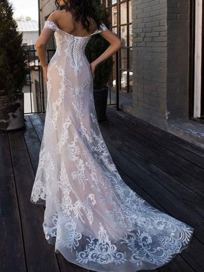 Vestidos de novia elegantes estilo bohemio, sirena, hombros descubiertos, encaje personalizado, manga corta, largo hasta el suelo, con cola larga