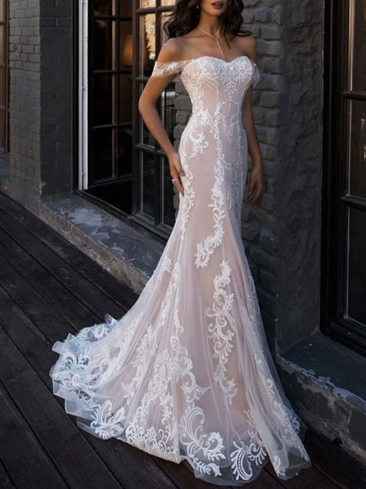 Vestidos de novia elegantes estilo bohemio, sirena, hombros descubiertos, encaje personalizado, manga corta, largo hasta el suelo, con cola larga