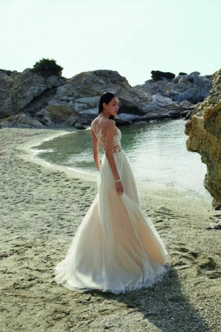 Boho Lange A-Linie Tüll Ärmellose Brautkleider Mit Spitze