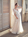 Vestidos de novia bohemios largos de tul con encaje y escote en V, corte A y mangas