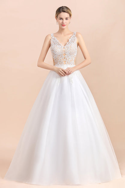Vestido de novia bohemio largo de corte A con escote en V, tirantes finos, apliques de tul y encaje