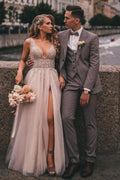 Langes Boho-Brautkleid mit A-Linie und V-Ausschnitt, Tüllapplikationen und Spitze und Schlitz